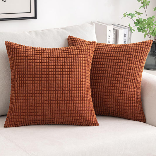 Pack of 2 Fall Pillow Covers 18X18 Inch Granules Soft Corduroy Decorative Throw Pillow Covers for Couch Cushion Sofa Bedroom Living Room, Dark Rust