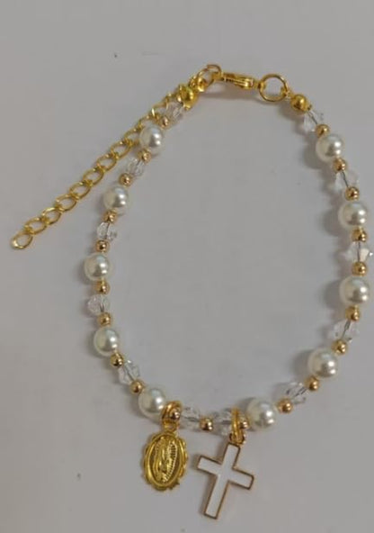 Christmas Gifts Pearl Cross Bracelet for Girls - First Communion, Baptism, Easter, Little Girl Gifts for Daughter Granddaughter Godchild-Gold Adjustable with Blessing Card Cross Bracelet