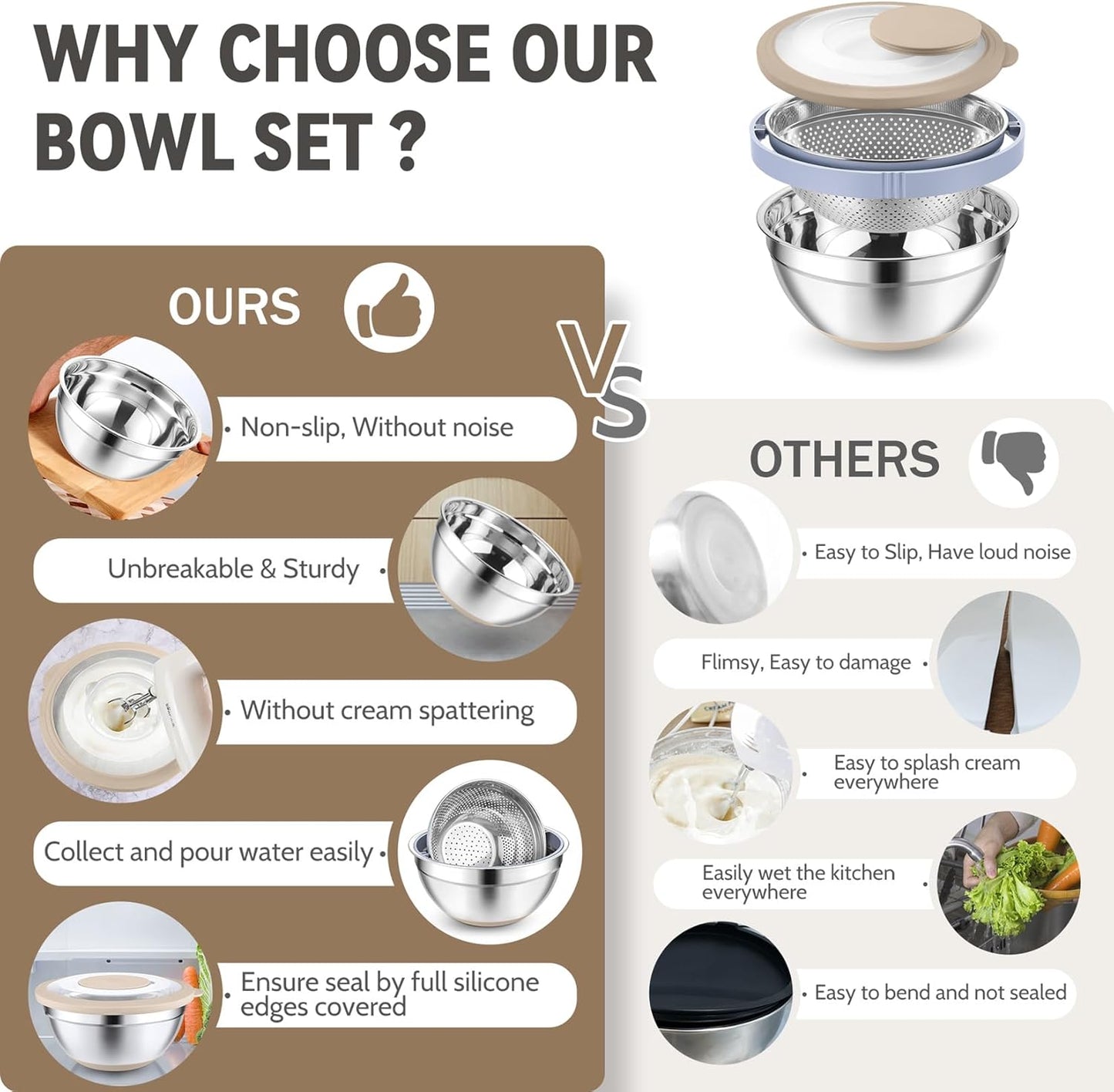 4-In-1 Stainless Steel Colander with Bowl Set, Rotatable Strainers for Kitchen, Fruit Cleaner, Washing Fruit & Draining Pasta, Mixing Bowl and Lid with Grater for Salad, Khaki