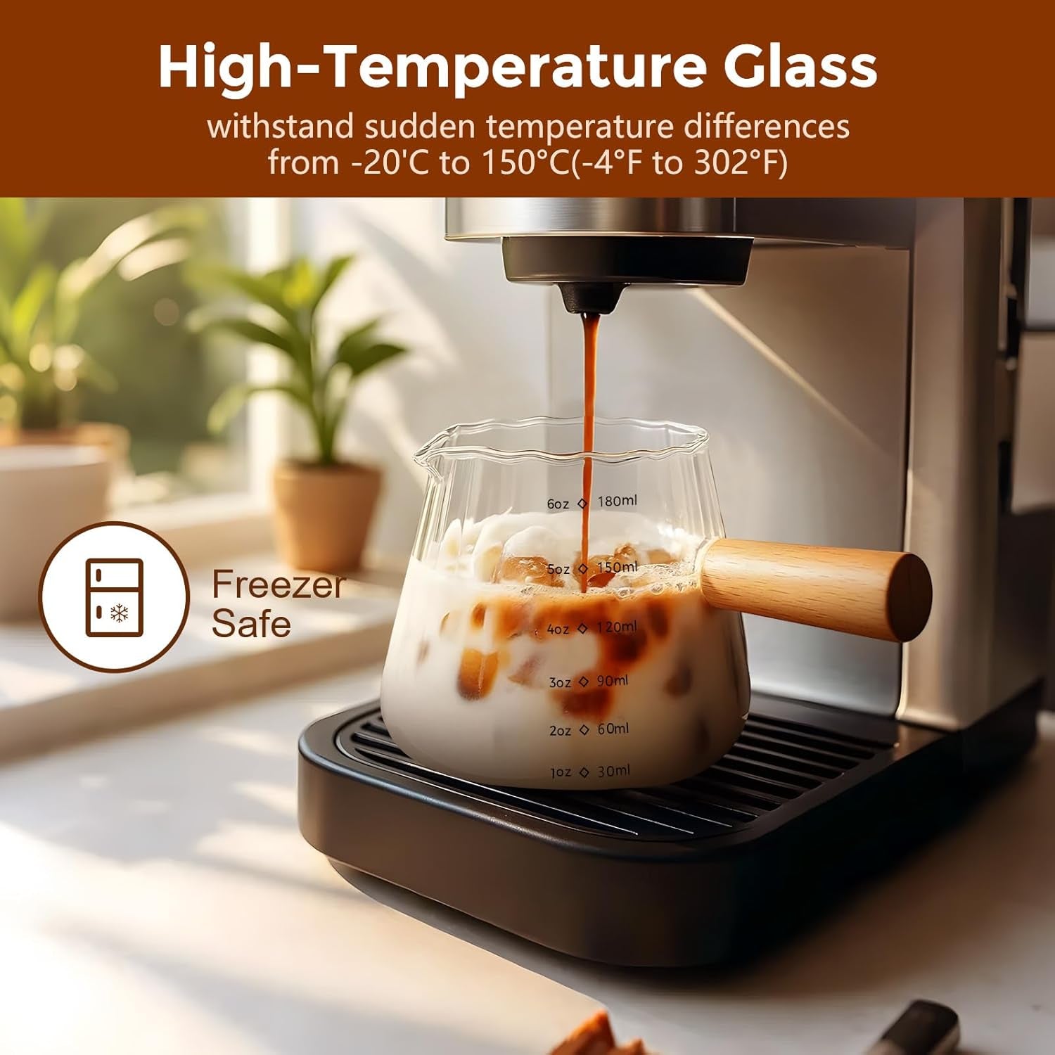 6 Oz/180Ml Glass Measuring Cup with Wooden Handle – Espresso Shot Cups, Ribbed Milk Frothing Pitcher, Dual Scale Markings, V-Shaped Mouth for Easy Pouring