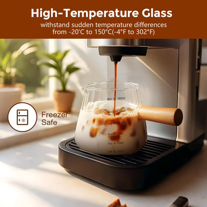 6 Oz/180Ml Glass Measuring Cup with Wooden Handle – Espresso Shot Cups, Ribbed Milk Frothing Pitcher, Dual Scale Markings, V-Shaped Mouth for Easy Pouring