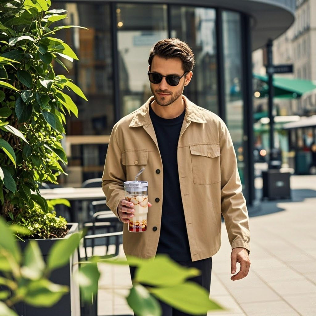 23 Oz Glass Cups with Lids and Straws - Leak-Proof Portable Travel Water Glass Tumbler for Smoothies, Iced Coffee, Matcha, and Cold Beverages - Durable and Eco-Friendly (Grey)