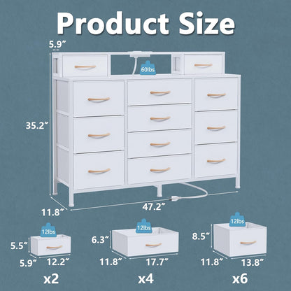 White Bedroom Dresser with LED Lighting and Charging Station, 47" Wide Chest Featuring 12 Fabric Storage Drawers, Versatile Vanity Furniture for Closet and Entryway, Includes 2 Shelves and Metal Frame