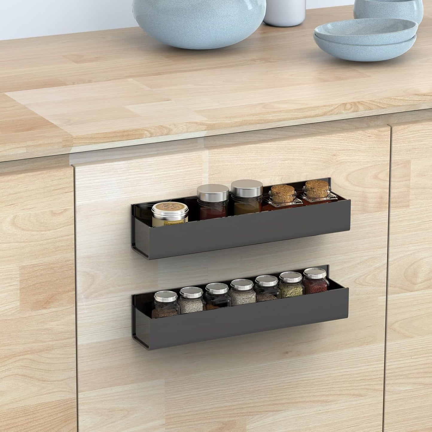 Adhesive Acrylic Spice Rack with Nano Double Sided Tape Wall Mount Organizer, Black Wall Spice Rack with Shelf Ends for Kitchen Cabinet Door - 2 Pack 12‘’ Shelves