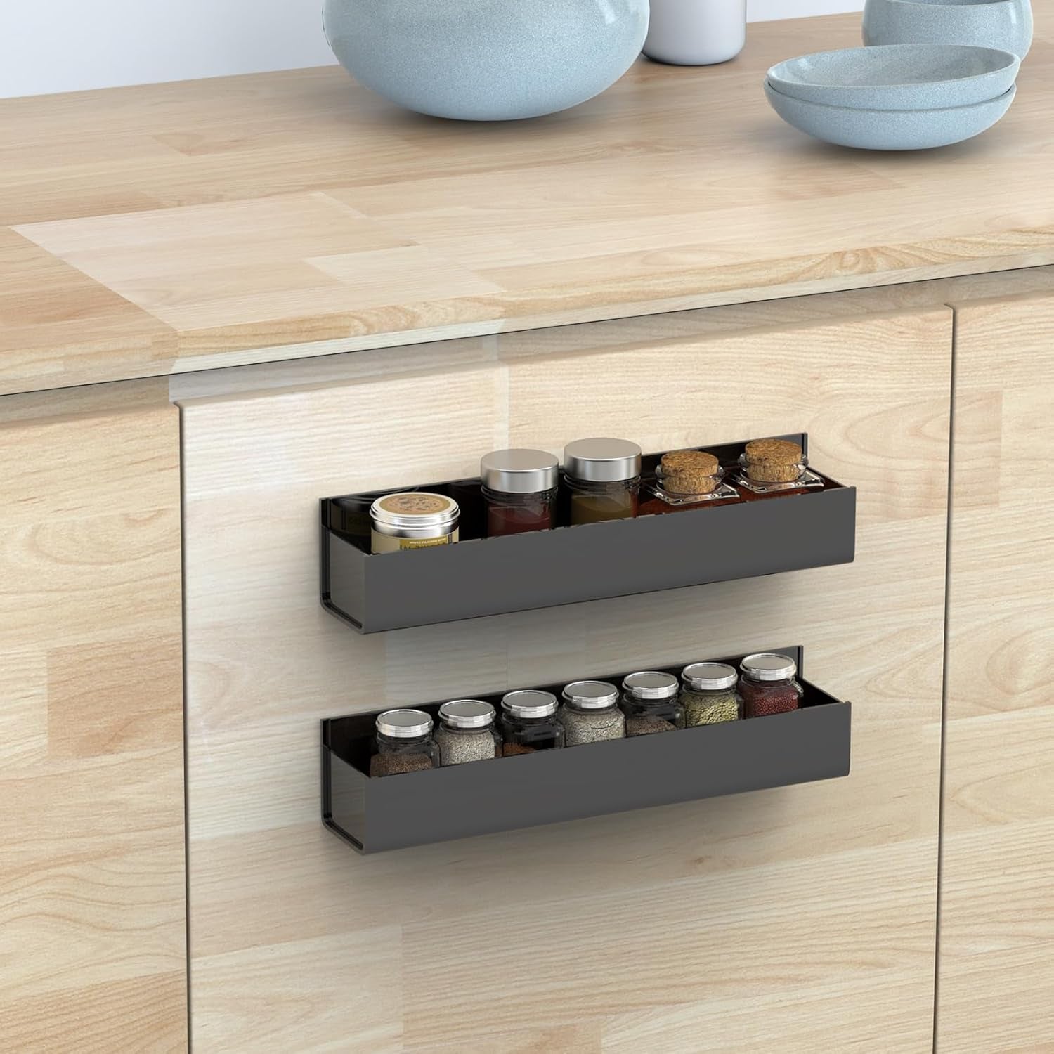 Adhesive Acrylic Spice Rack with Nano Double Sided Tape Wall Mount Organizer, Black Wall Spice Rack with Shelf Ends for Kitchen Cabinet Door - 2 Pack 12‘’ Shelves
