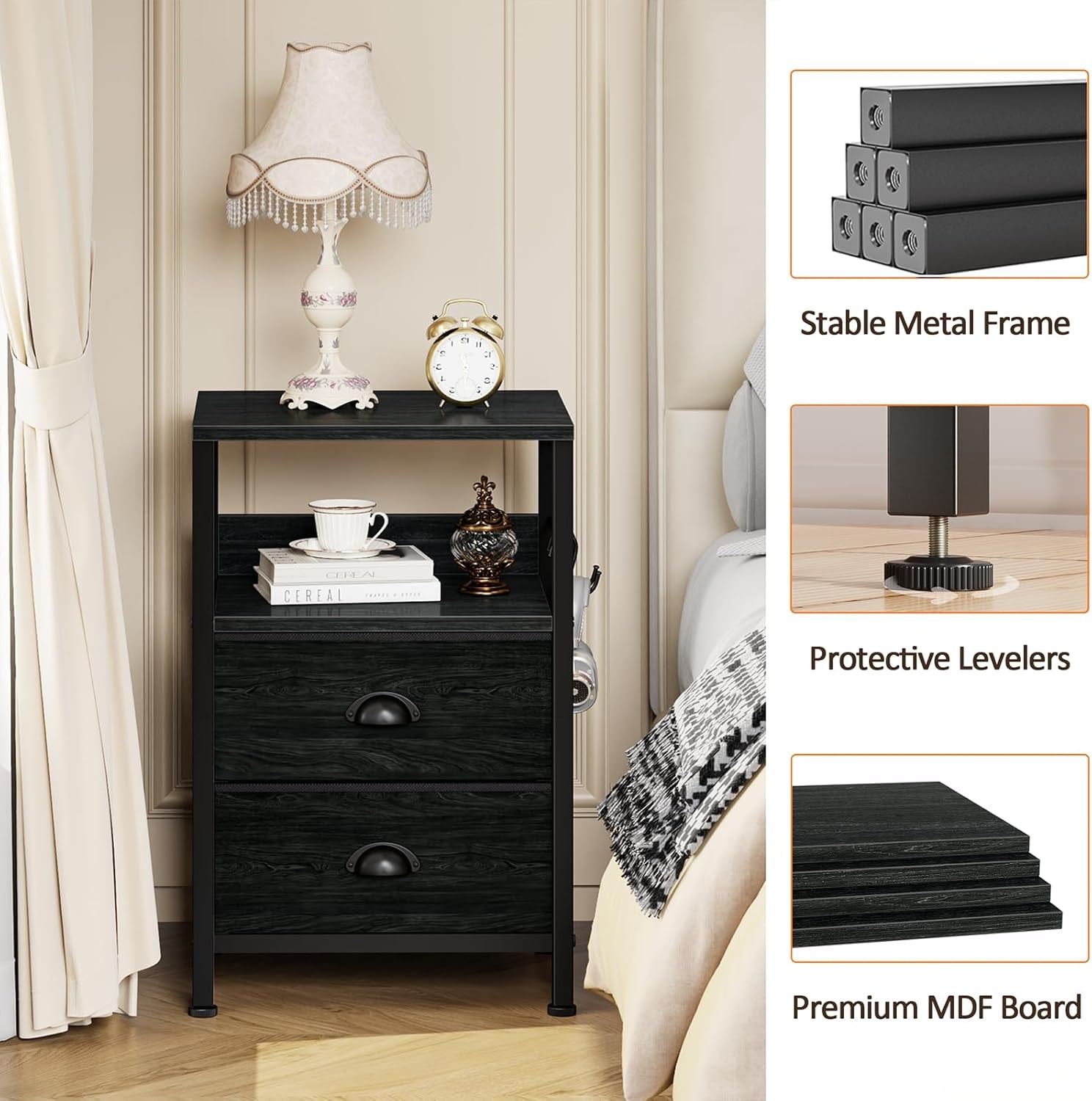Nightstands Set 2, End Tables with 2 Fabric Drawers, Bedside Tables with Hooks and Shelf, Side Tables for Bedroom/Living Room/Study/Black Oak