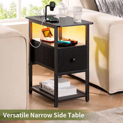 End Table with Charging Station, Narrow Side Table with Adjustable Fabric Drawer, 3-Tier End Tables Living Room, Small Nightstand with Outlets, LED Skinny Night Stand for Bedroom Small Spaces