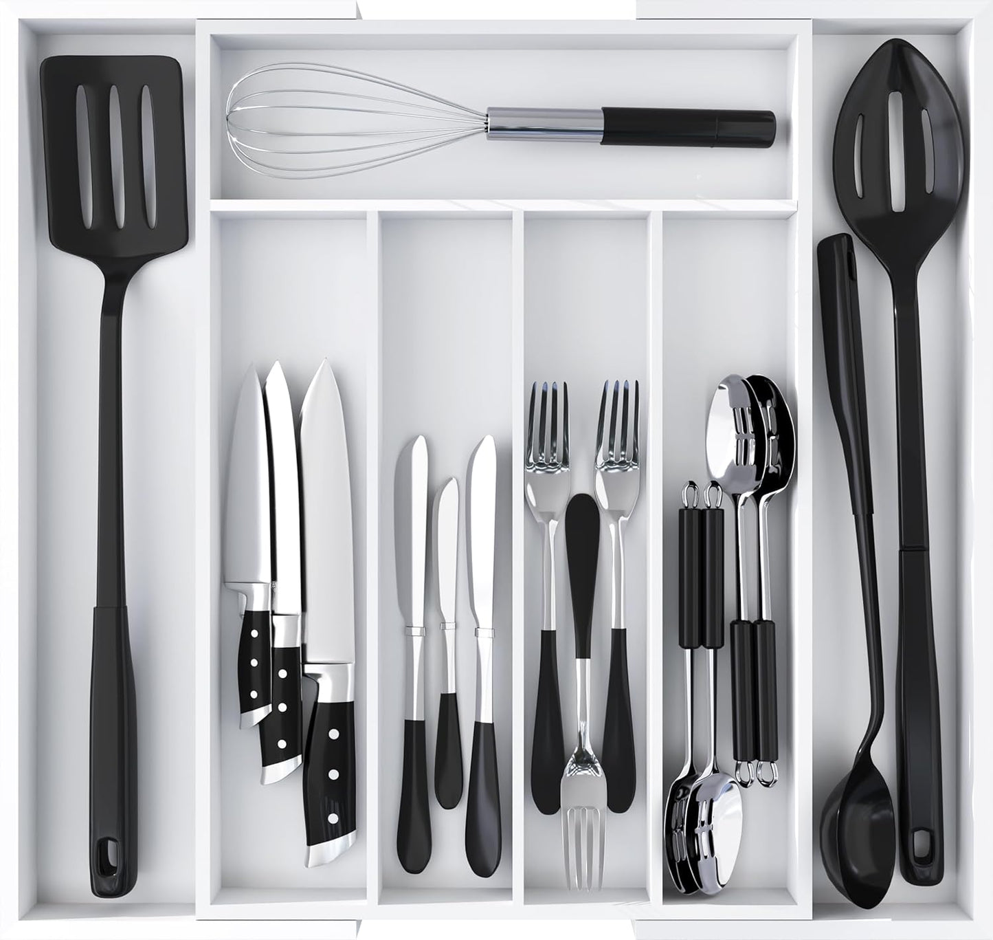 Expandable Bamboo Utensil Drawer Organizer, Silverware Organizer for Cutlery, Flatware Holder (5-7 Slots, White) - Pack of 1