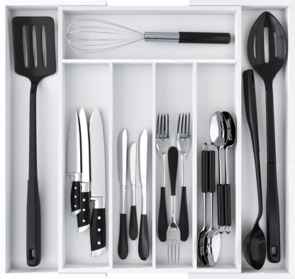 Expandable Bamboo Utensil Drawer Organizer, Silverware Organizer for Cutlery, Flatware Holder (5-7 Slots, White) - Pack of 1