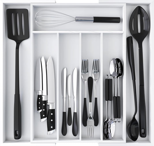 Expandable Bamboo Utensil Drawer Organizer, Silverware Organizer for Cutlery, Flatware Holder (5-7 Slots, White) - Pack of 1