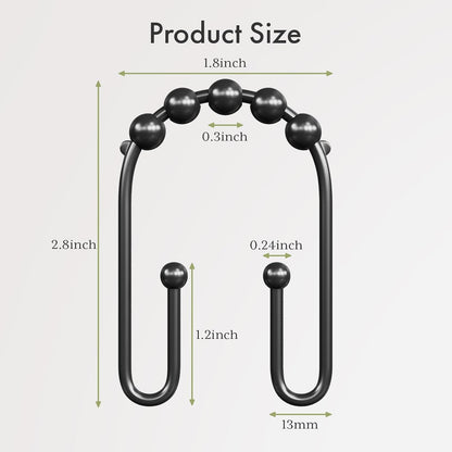 Shower Curtain Hooks, Black Rust Proof Non-Slip Double Hooks for Shower Curtain, Sturdy Metal Rings Bathroom 12Pcs
