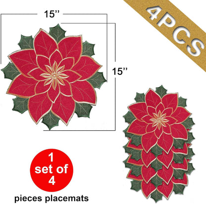 Christmas Placemats Set of 4, Red Embroidered Applique Poinsettia Table Mats,4 Pieces 15 Inch round Placemat for Xmas Holiday Home Decorations (Textured, 15 Inches)’