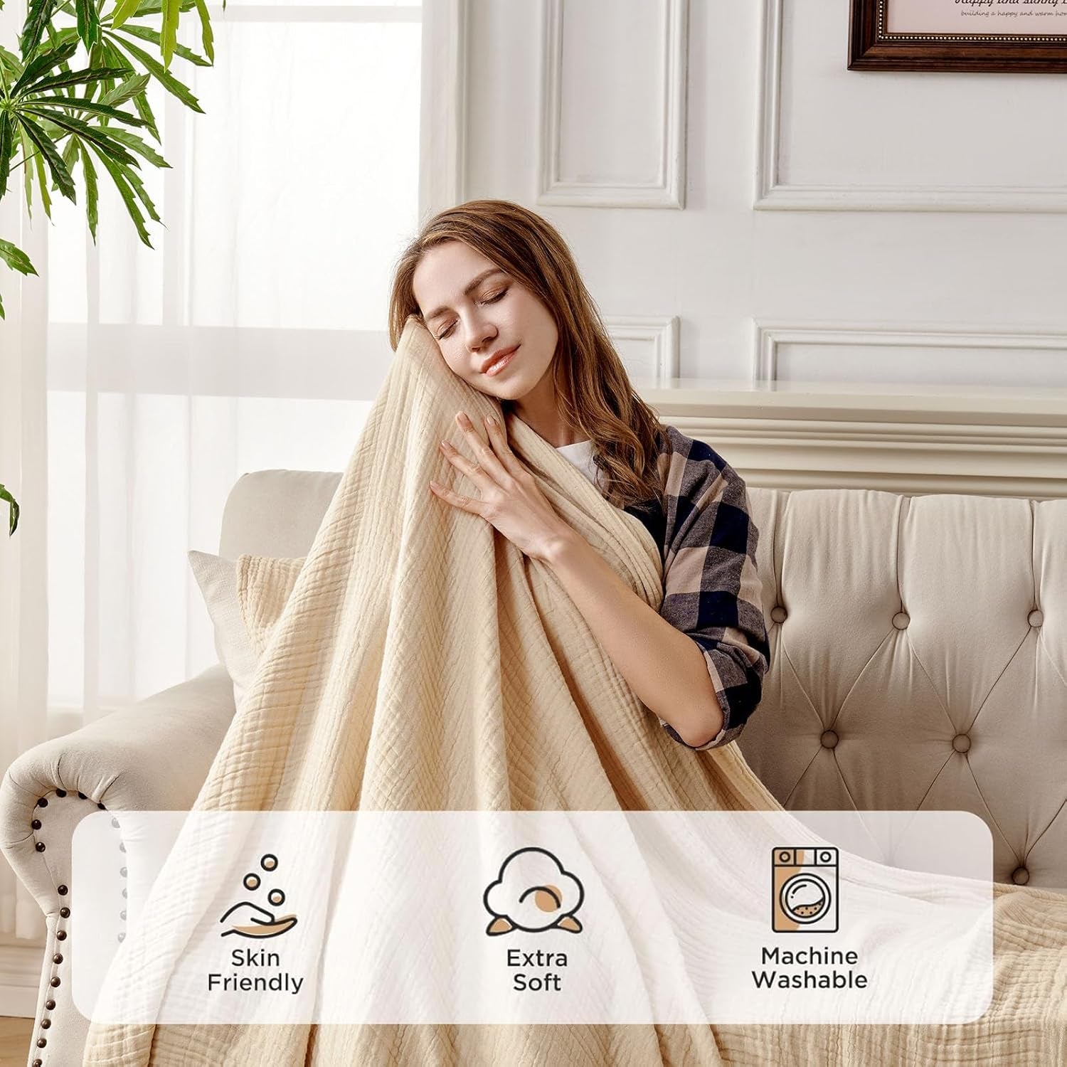 100% Cotton Muslin Throw Blanket for Couch Bed and Sofa, 4-Layer Lightweight and Breathable Soft Gauze Blanket for All Season, Luxury Throws Cotton Blanket Gift(Light Tan, 50"X70")