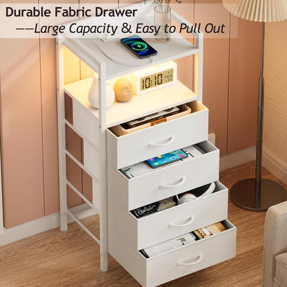White Nightstand with Charging Station and LED Light, Tall Bedroom Dresser with 4 Fabric Storage Drawers, Metal Frame and Wood Shelf