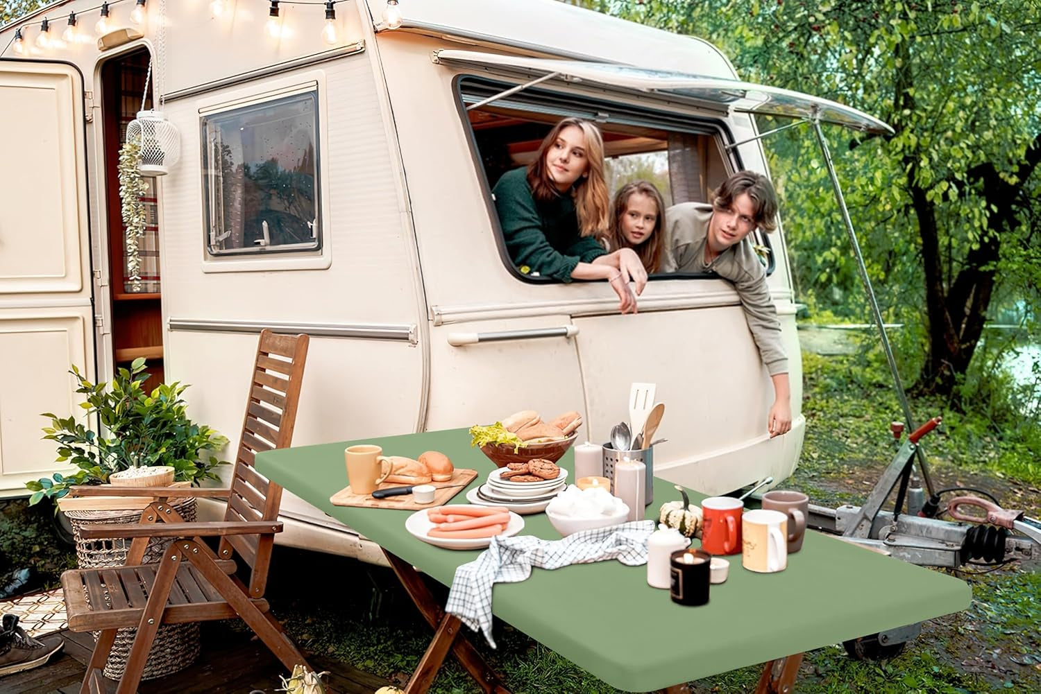 2 Pack 6 Foot Rectangle Elastic Fitted Tablecloth, Waterproof Fabric Table Cover, Washable Polyester Table Cloth for Picnic, Camping, Outdoor (Sage Green, 30" X 72")