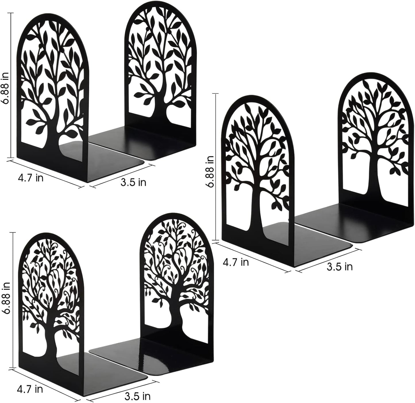 Book Ends, Metal Bookends for Shelves Decorative, Tree Stopper for Heavy Books, Black Ends to Hold Books for Home Office, 6.5 X 4.7 X 3.5 Inch(3 Pairs/6 Pcs, Large)