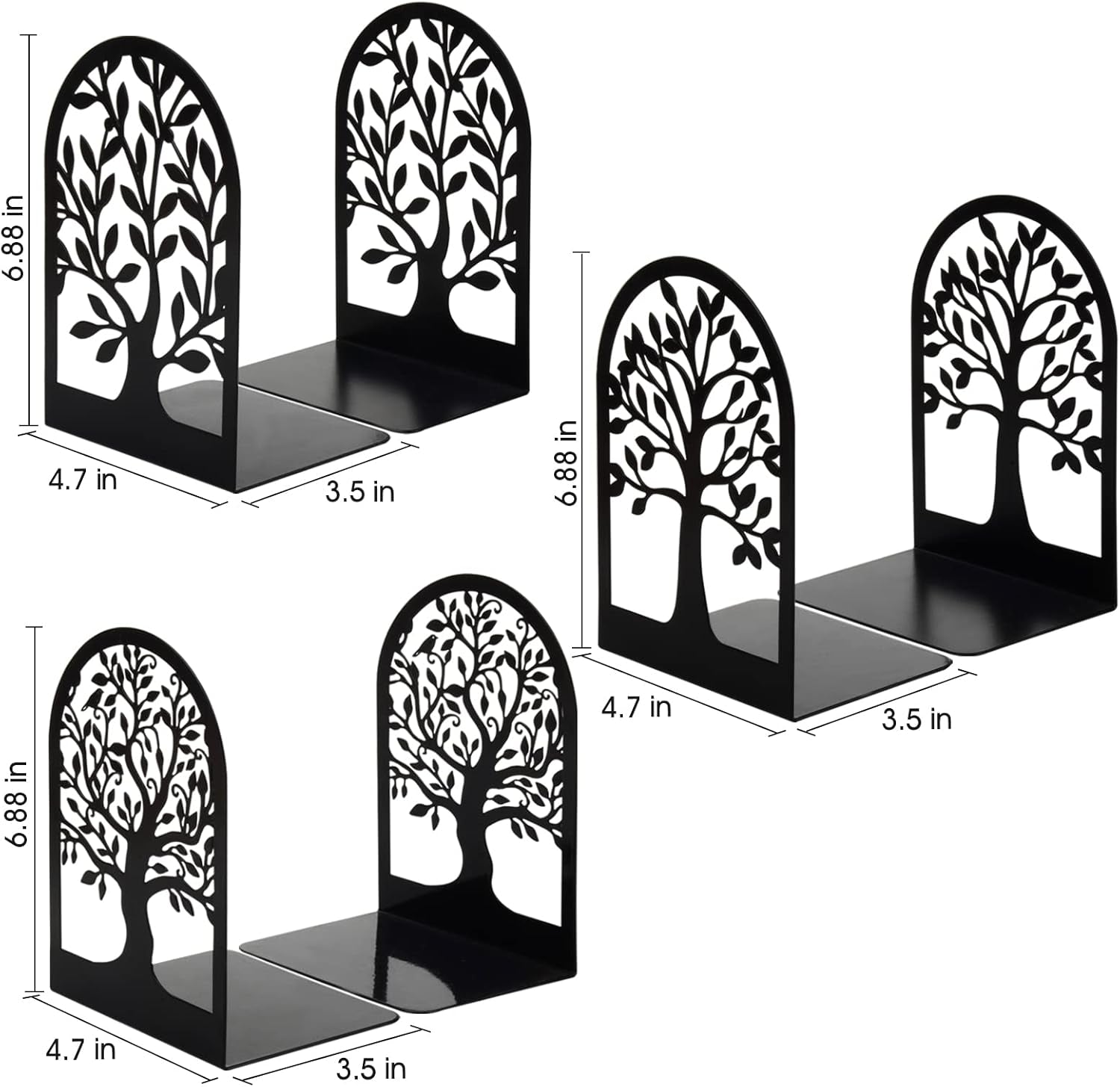 Book Ends, Metal Bookends for Shelves Decorative, Tree Stopper for Heavy Books, Black Ends to Hold Books for Home Office, 6.5 X 4.7 X 3.5 Inch(3 Pairs/6 Pcs, Large)