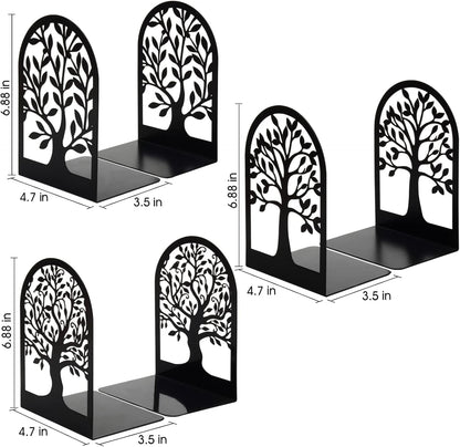 Book Ends, Metal Bookends for Shelves Decorative, Tree Stopper for Heavy Books, Black Ends to Hold Books for Home Office, 6.5 X 4.7 X 3.5 Inch(3 Pairs/6 Pcs, Large)