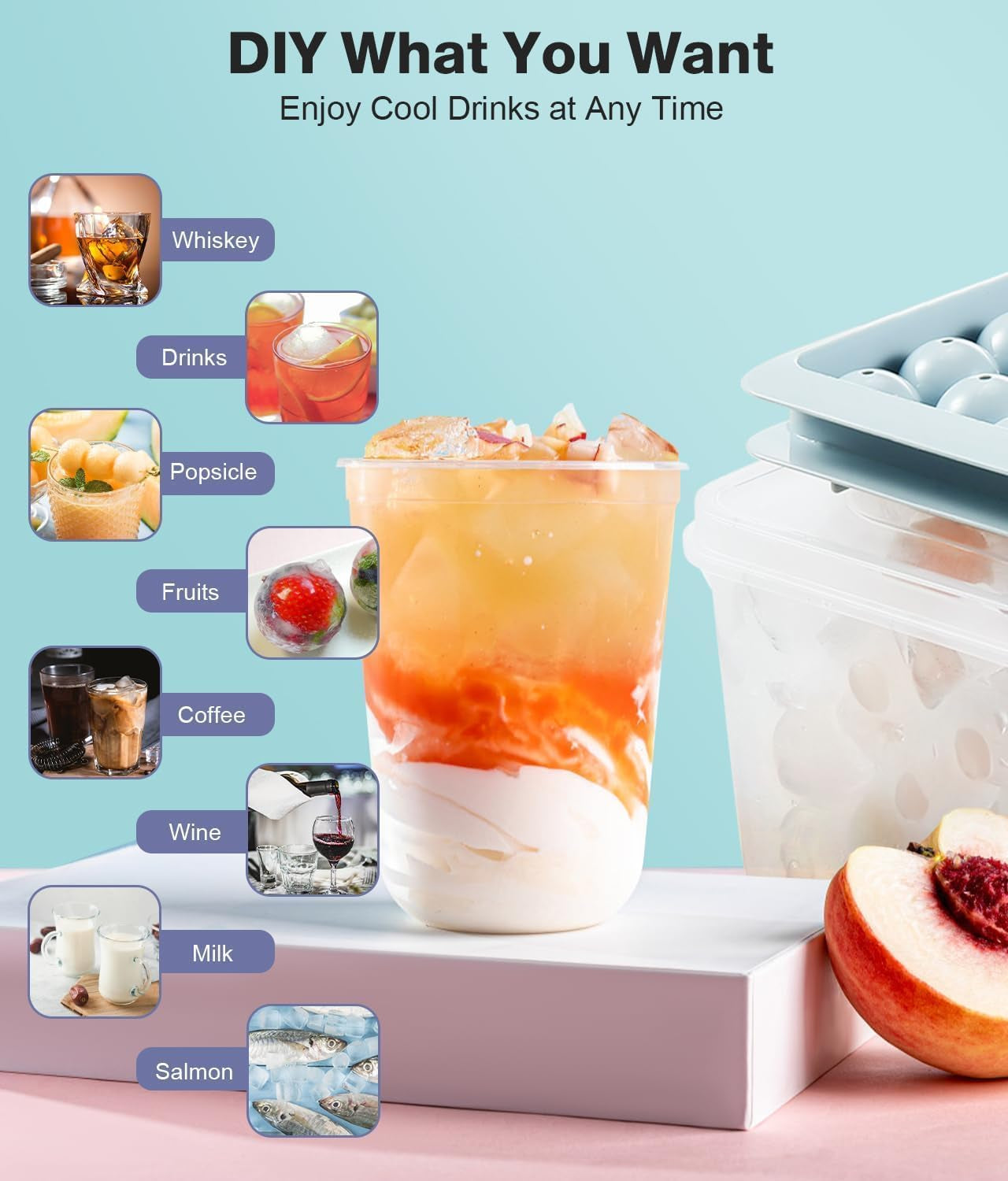 Ice Cube Tray with Lid and Bin – round Ice Cube Trays for Freezer, Bpa-Free Food-Grade Ice Mold, Stackable Ice Ball Maker, Iced Bucket Kits, Circle Ice Tray for Cocktails, Whiskey, Coffee, and Drinks