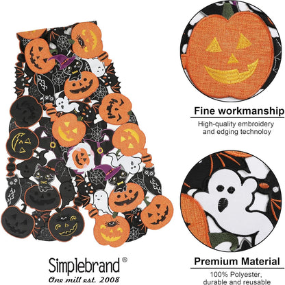 Fall Halloween Table Runner 70 Inches Long, Cutwork Applique Embroidered Pumpkins and Bats Dresser Scarf for Home Dining Holiday Autumn Halloween Thanksgiving Decor, 13 X 70 Inch