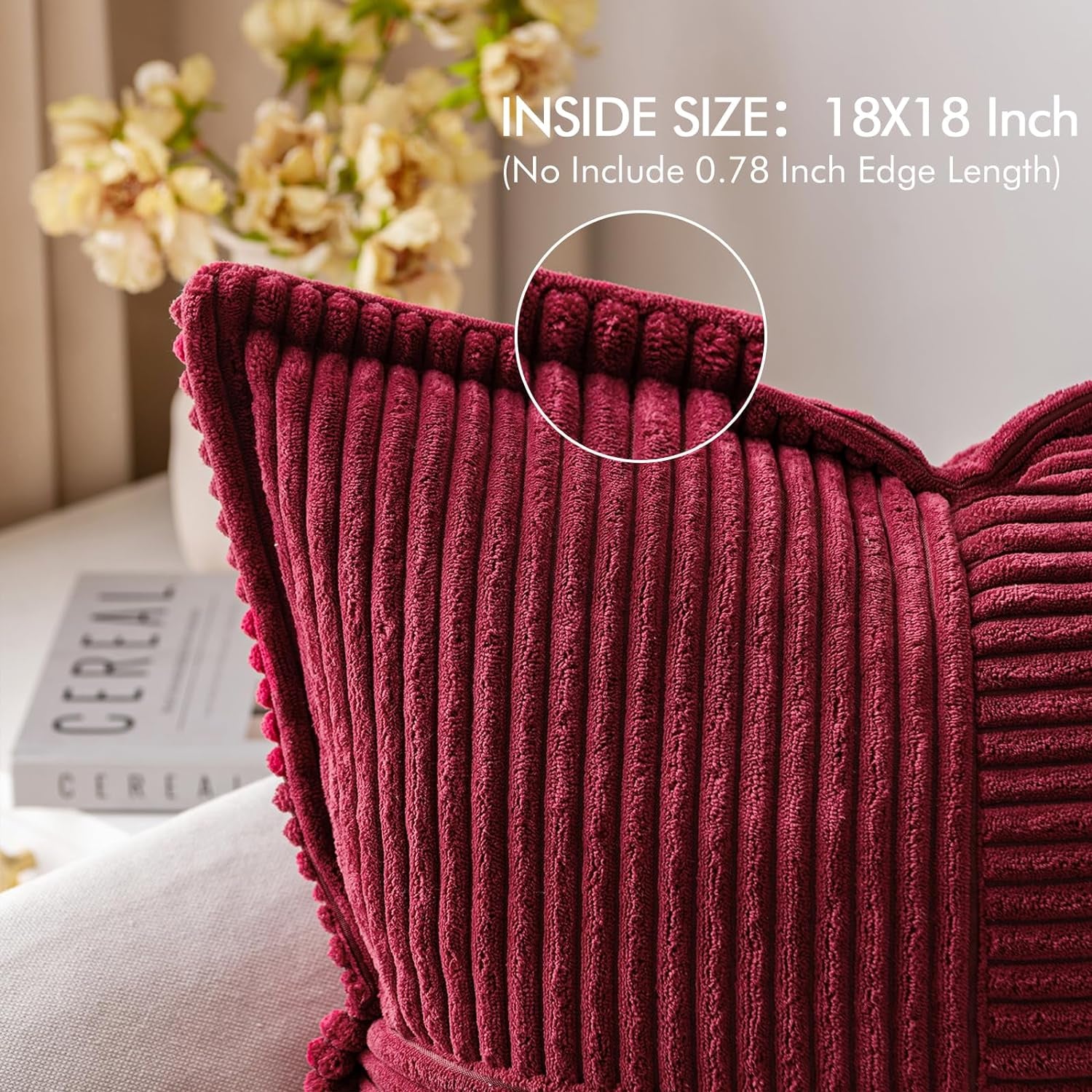 Christmas Decorative Throw Pillow Covers for Couch Bed Livingroom 18X18 Inch Set of 2 Burgundy Boho Accent Throw Pllows Broadside Striped Patchwork Soft Corduroy Pillowcases