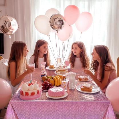 Light Pink Holographic Foil Tablecloths - Set of 2, 54x72 Durable Table Covers for Elegant Events, Perfect for Parties, Weddings, and Showers