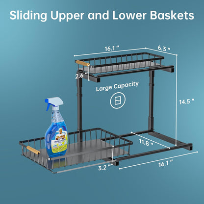 2 Pack under Sink Organizer and Storage, 2 Tier Pull Out Cabinet Organizer, Slide Out under Sink Storage Shelf, Undersink Organizers Shelves for Kitchen Bathroom Pantry Organization