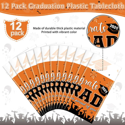 12Pack Graduation Tablecloth Party Decorations, Class of 2025 Congrats Grad Plastic Tablecover Party Supplies, Orange Rectangle Graduation Table Decorations for College High School Party, 54 X 108Inch