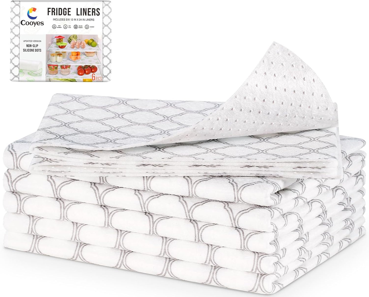 Non Slip Refrigerator Liners, 2-In-1 Fridge Mats and Fresh-Keeping Shelf Liners, Absorbs Excess Moisture, Bpa-Free, Multiple Sizes for Glass Shelves Kitchen Cabinets Drawers, 6 Pack, 12" × 24"