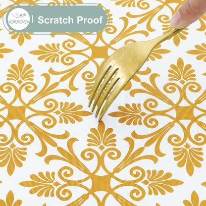 Rectangle Vinyl Table Cloth, Elastic Fitted Flannel Backed Tablecloth, 100% Waterproof Plastic Table Cover Fits 6 Foot Folding Tables for Picnic, Camping, Outdoor (Gold, 30" X 72")