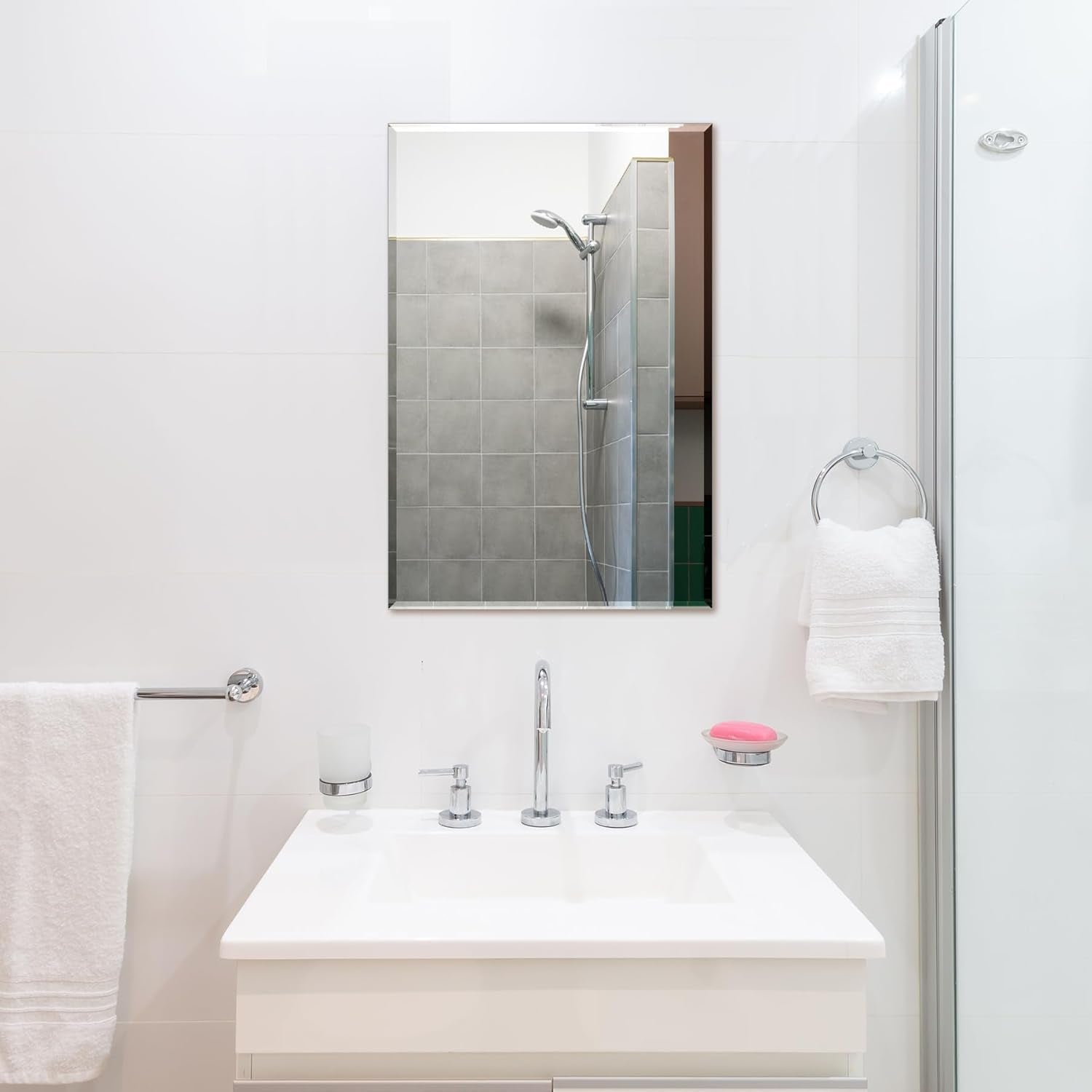 Rectangle Wall Mirror Frameless Bathroom Mirror 16” X 24" Beveled Edge Mirror for Vanity and Entryway