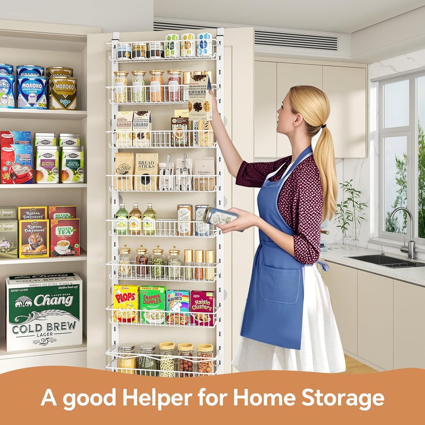 over the Door Pantry Organizer, 8-Tier Adjustable Spice Rack Cabinet Door Shelves, Hanging Seasoning Organizer for Kitchen Bathroom, Laundry Room Organization, White