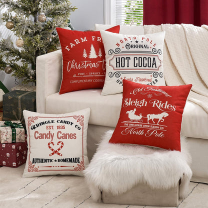 Set of 4 Holiday Red Decorative Pillow Covers 16X16 Inch Candy Canes Sleigh Christmas Tree Throw Pillow Cases Winter Seasonal Cushion Cases Home Decors for Sofa Couch Bedroom
