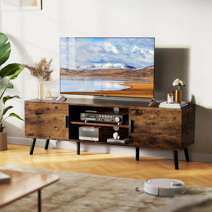 55-Inch TV Stand and Entertainment Center with Adjustable Shelves, Dual Cabinets, Solid Wood Feet, and Cord Management for Living Room and Bedroom in Rustic Brown Finish