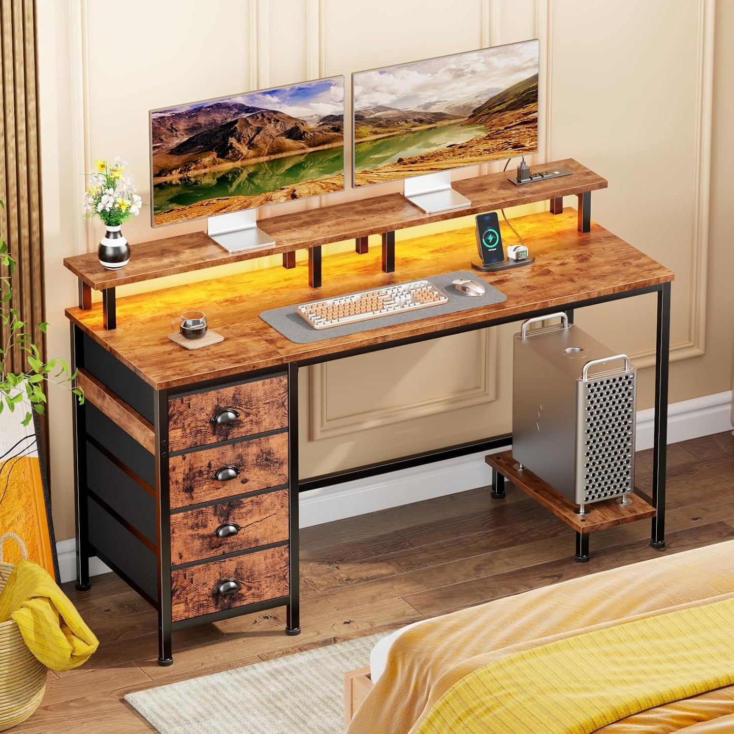 47" Computer Desk with 4 Fabric Drawers & Monitor Stand, Gaming Desk with Power Outlets - LED Lights, Home Office Space-Saving Study Table for Bedroom Small Spaces (Rustic Brown)