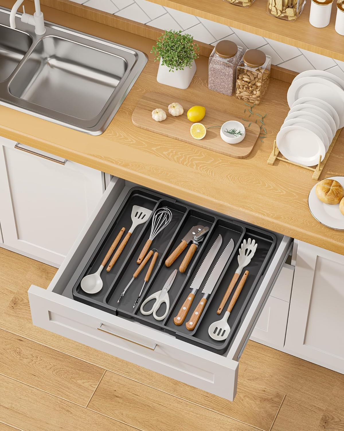 Silverware Organizer - Expandable Utensil Drawer Organizer with Non-Slip Pads, Adjustable Kitchen Drawer Organizer for Home, Apartment and Kitchen Essentials, Black, 13.6" X 1.4" X 11.0"~19.9"