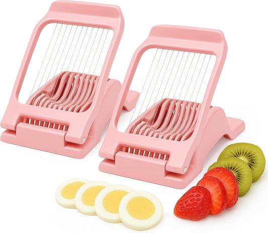2PCS Pink Egg Slicer for Hard Boiled Eggs,Strawberry Kiwi Heavy Duty Stainless Steel Wire Fruit Cutter,Tomato Mushroom Salad Chopper for Home Use Egg Peeler Tool
