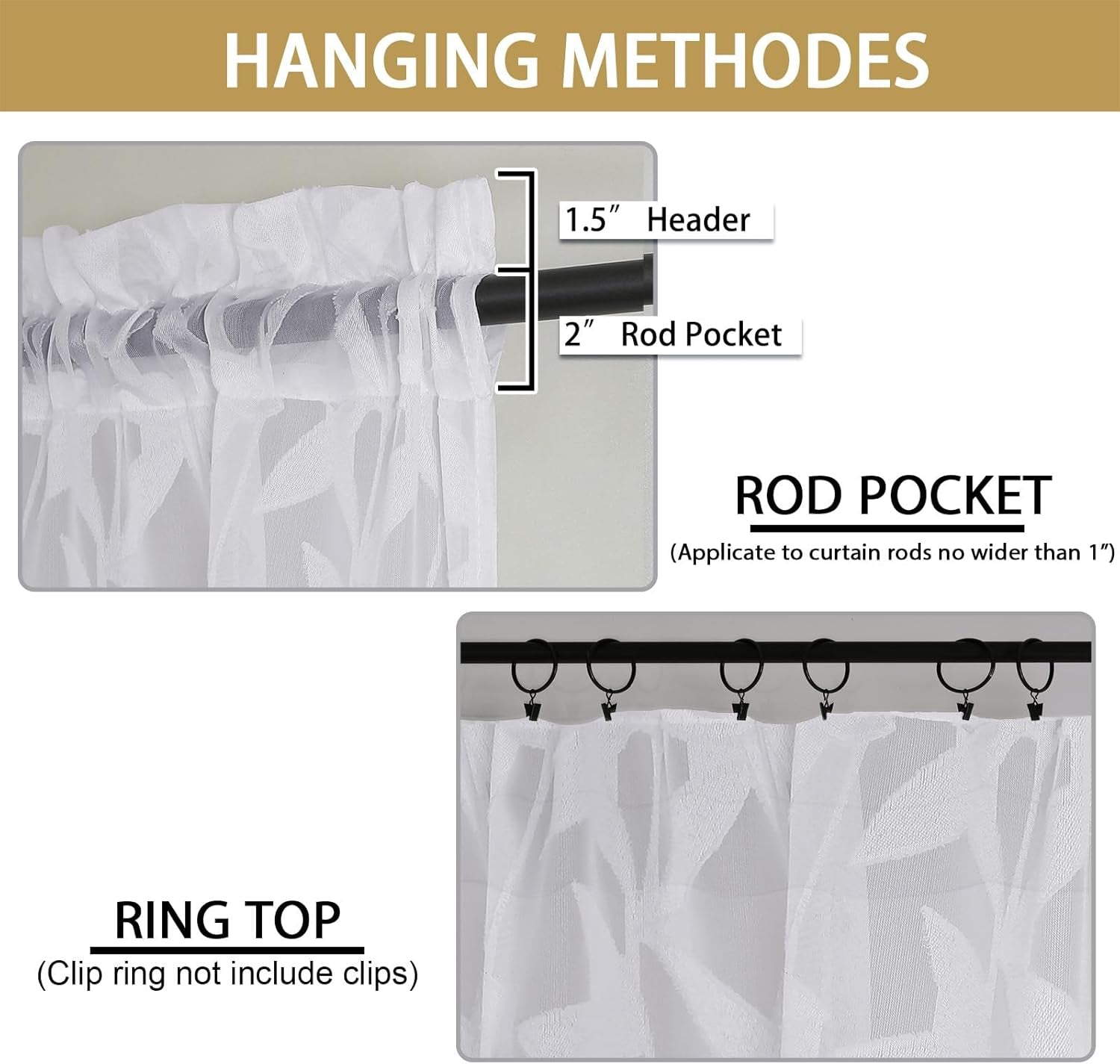 Leyna 2 Panels Sheer White Curtains 63 Inch Length for Bedroom, Soft Lightweight Jacquard Clip Window Curtain for Living Room, Double Rod Pockets Textured Drapes, Each 40Wx63L Inches