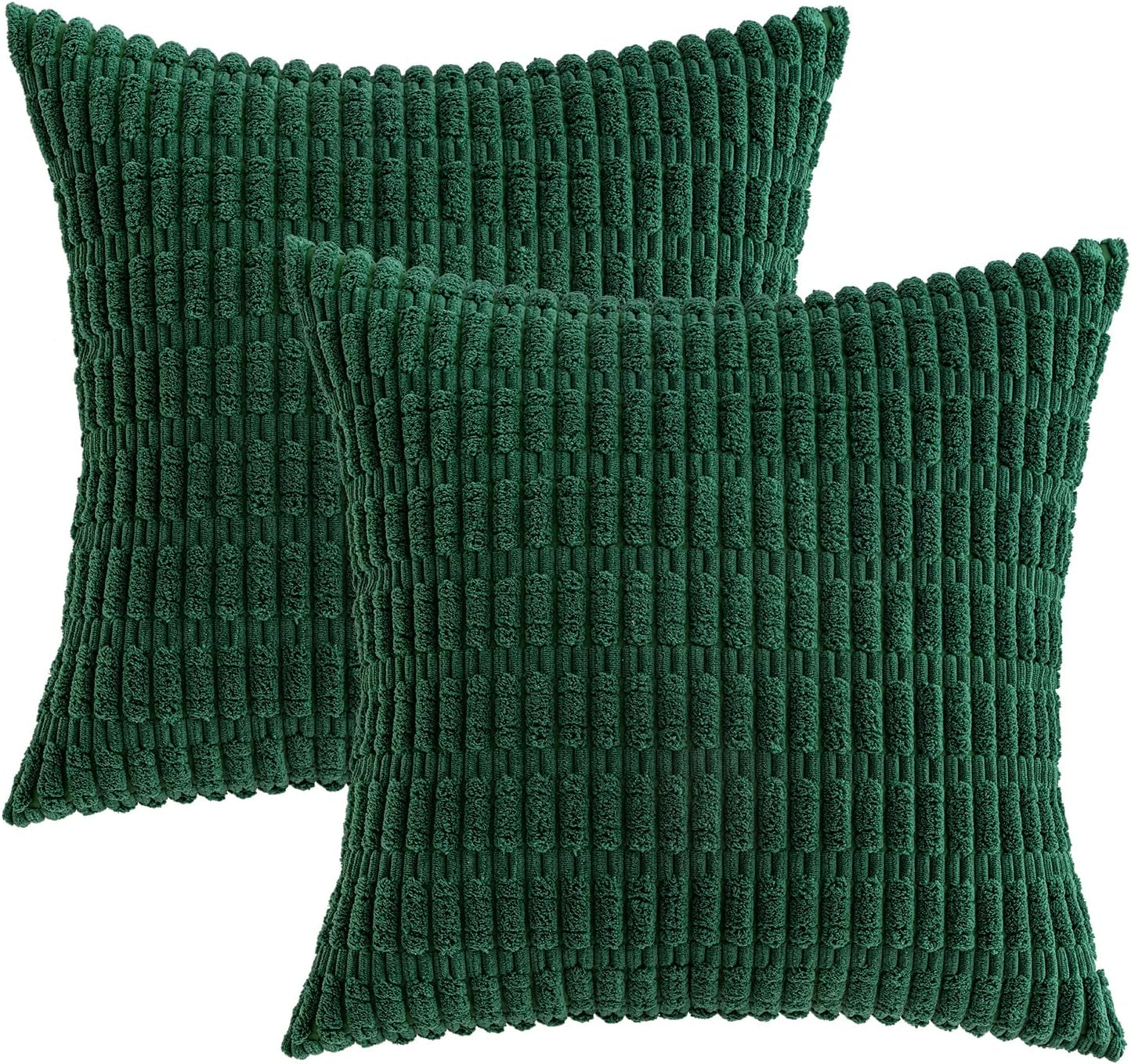 Set of 2 Dark Green Corduroy Decorative Pillow Covers, 18x18 Inches, Soft Bohemian Striped Throw Pillows for Modern Farmhouse Home Decor, Ideal for Sofa, Living Room, Couch, and Bed