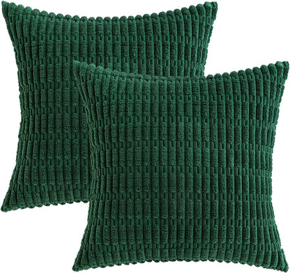 Set of 2 Dark Green Corduroy Decorative Pillow Covers, 18x18 Inches, Soft Bohemian Striped Throw Pillows for Modern Farmhouse Home Decor, Ideal for Sofa, Living Room, Couch, and Bed