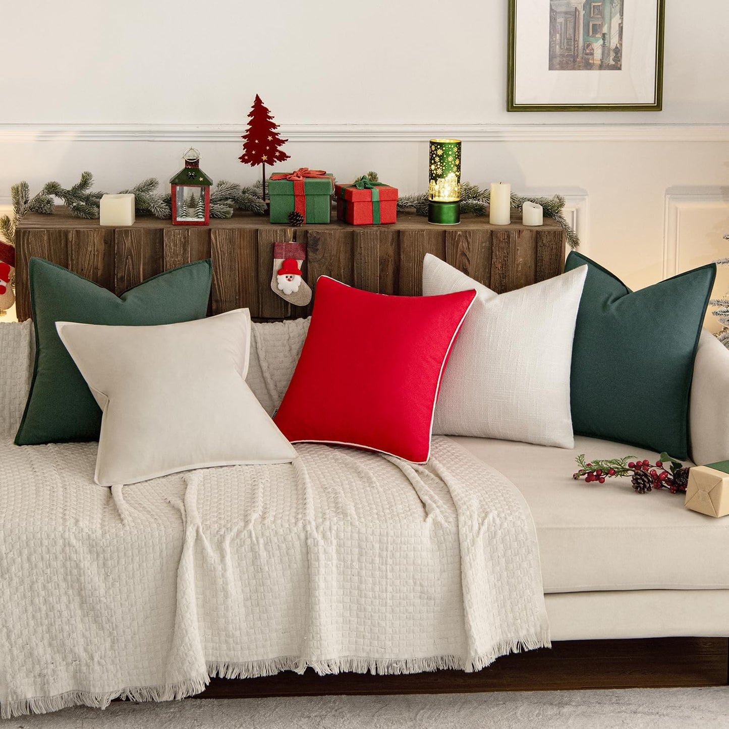 Pack of 2 Christmas Decorative Linen Pillow Covers Boho Farmhouse Modern Soft Accent Throw Pillows Neutral Cushion Covers for Sofa Couch Bed Living Room Home Decor, 18X18 Inch Dark Green