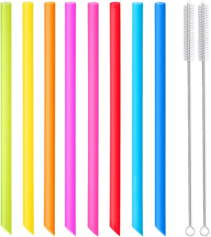 [Angled Tips] 8 Pcs Reusable Boba Straws & Smoothie Straws - Multi Colors Jumbo Wide Reusable Straw, BPA FREE Food-Grade Plastic Straw for Bubble Tea(Tapioca, Boba Pearls), Milkshakes with 2 Brushes