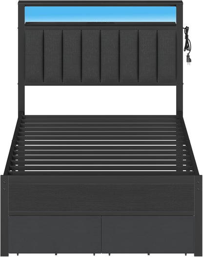 Twin Bed Frame with Integrated Charging Station and LED Lighting, Grey Upholstered Headboard with Shelving, Metal Platform Design featuring Under-Bed Storage Drawers on Wheels, No Box Spring Required