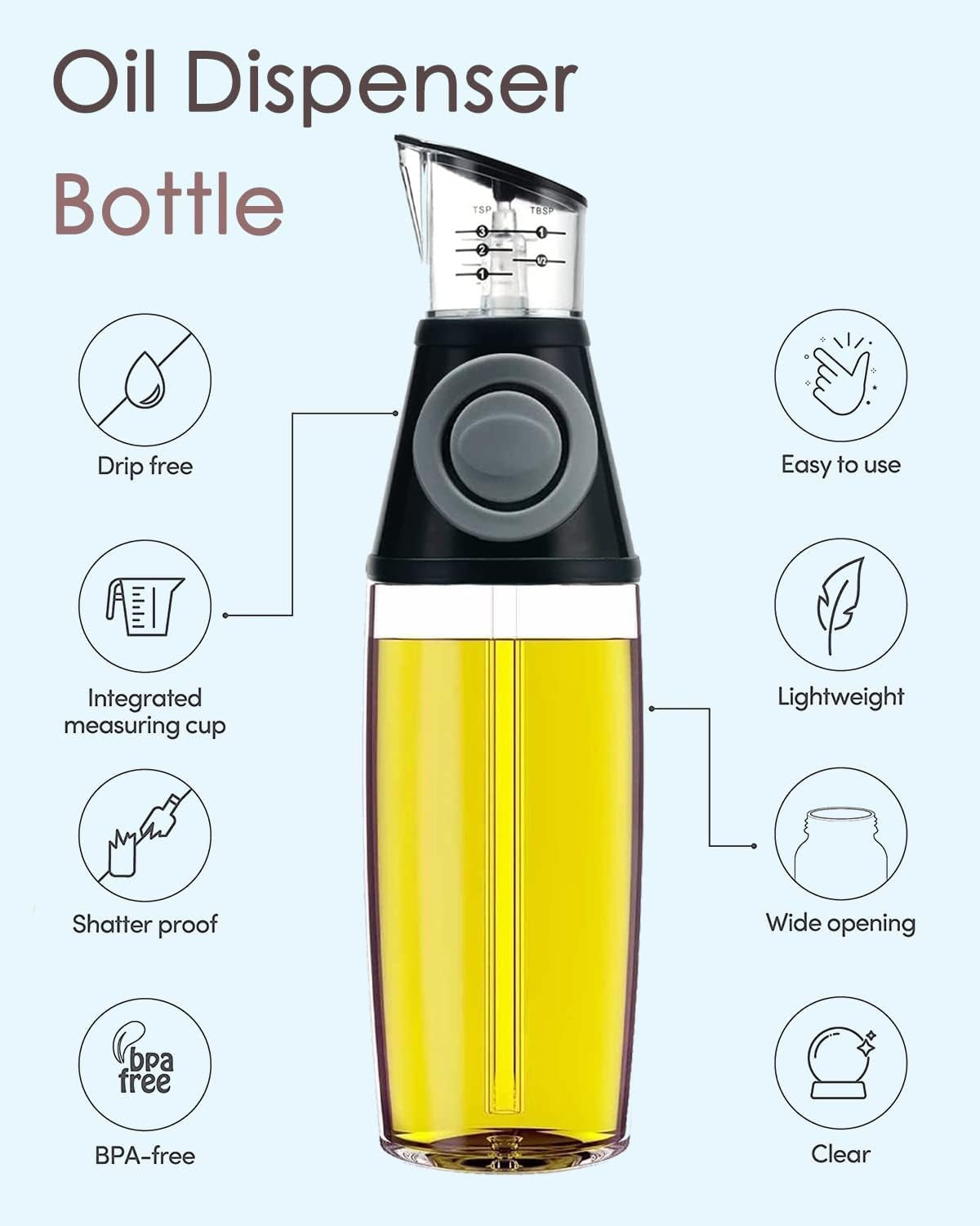 Oil Dispenser Bottle, 17Oz Olive Oil Dispenser Oil Sprayer, Clear Glass Refillable Oil and Vinegar Dispenser Bottle with Measuring Scale Pump for Kitchen, Cooking, Salads, Baking Frying