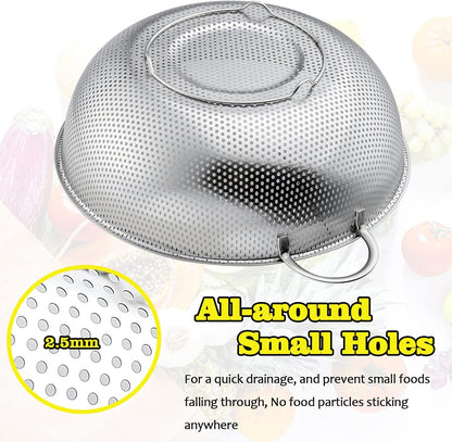 Stainless Steel Colander, Micro-Perforated Food Strainer with Handle for Washing Draining, Great for Pasta Fruits Vegetables, Dishwasher Safe & Healthy, 1 +3 Qt, 2Pcs