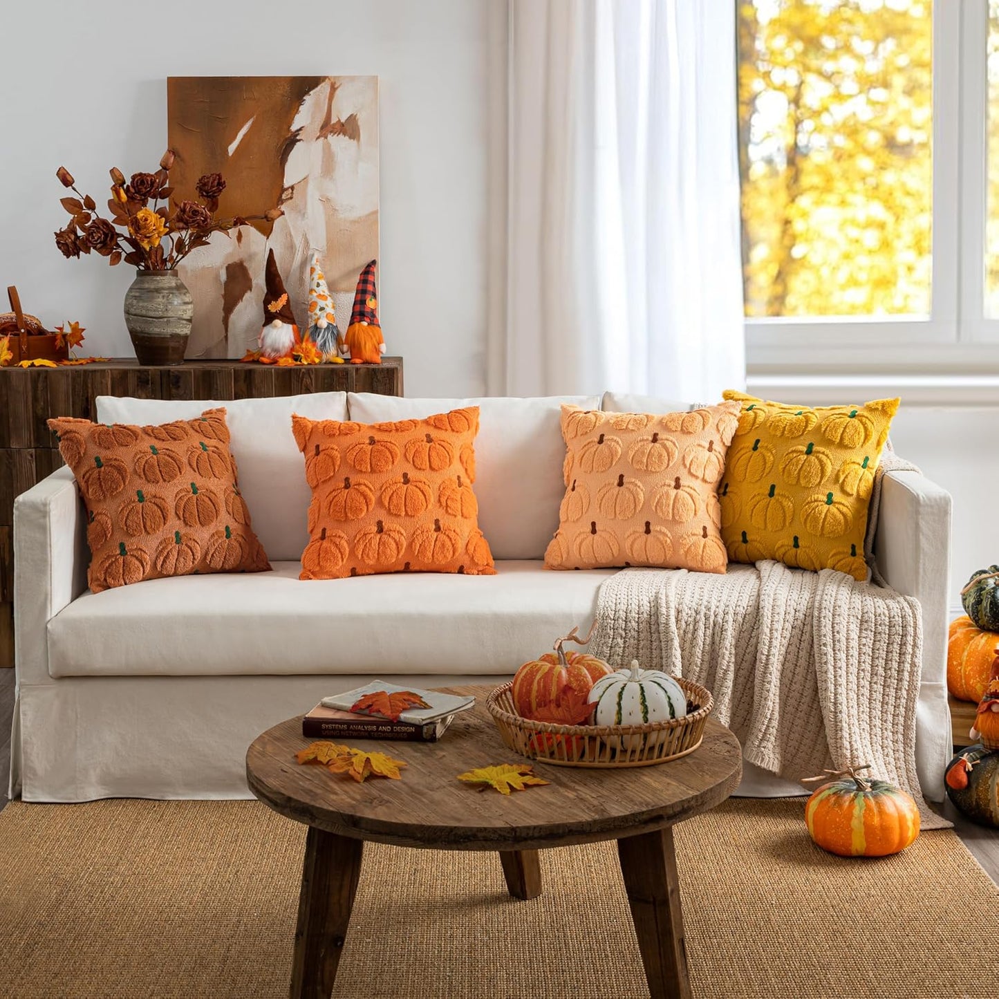 Autumn-Inspired Pumpkin Decorative Throw Pillow Covers - Set of 2, 18 x 18 Inches, Soft Plush Faux Fur for Farmhouse and Halloween Décor