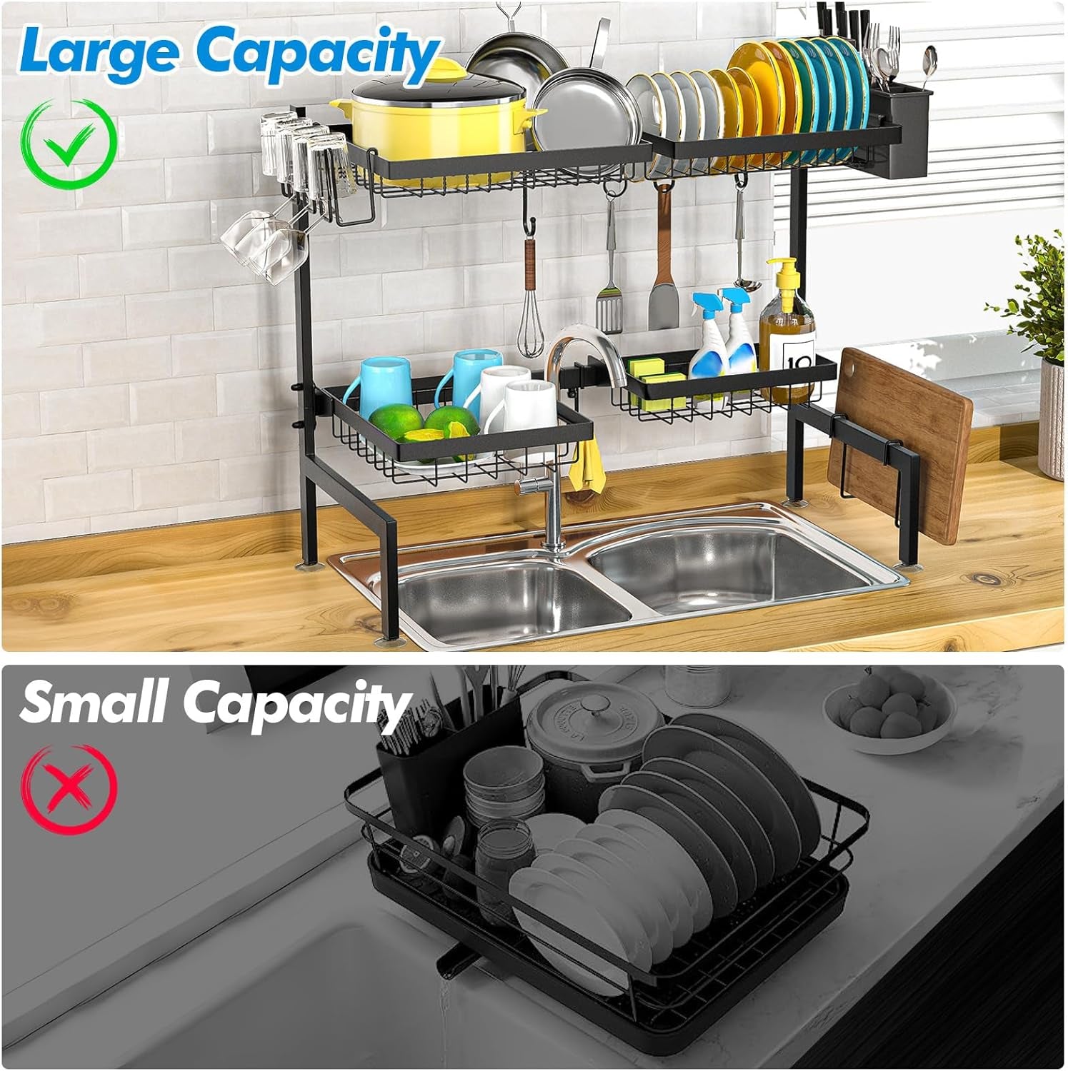 ［2-Tier 4 Baskets］Over the Sink Dish Drying Rack, 24.8"-35.4", Large Sink Rack for Kitchen, Extensible and Adjustable, Saving Kitchen Space