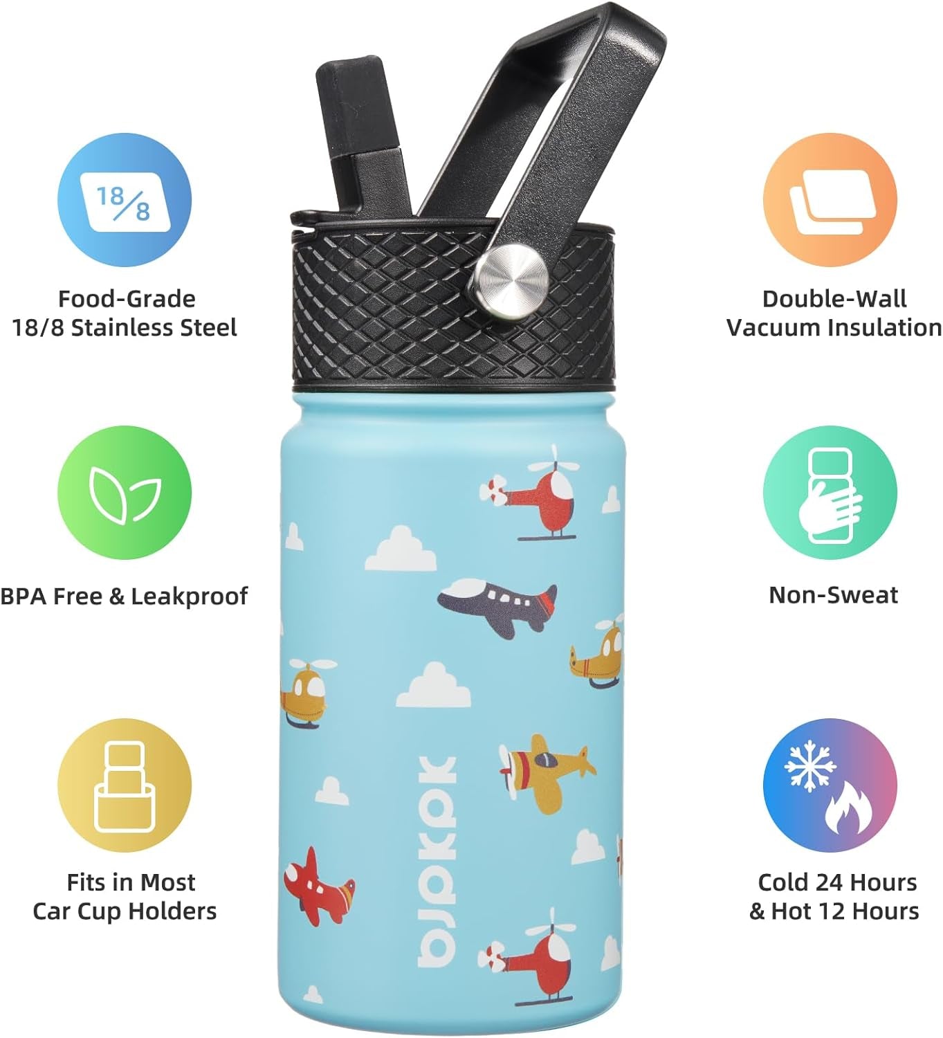 Water Bottle with Straw Lid, 15 Oz Insulated Water Bottle, Stainless Steel Metal Water Bottles, Reusable Leak Proof BPA Free Thermo, Flask, Cups, Aircraft