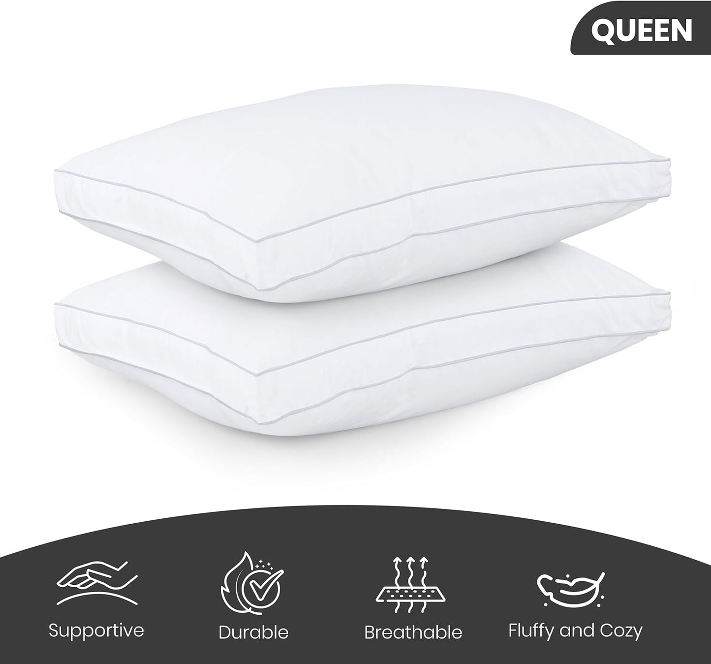 Bed Pillows for Sleeping Queen Size (White), Set of 2, Cooling Hotel Quality, Gusseted Pillow for Back, Stomach or Side Sleepers