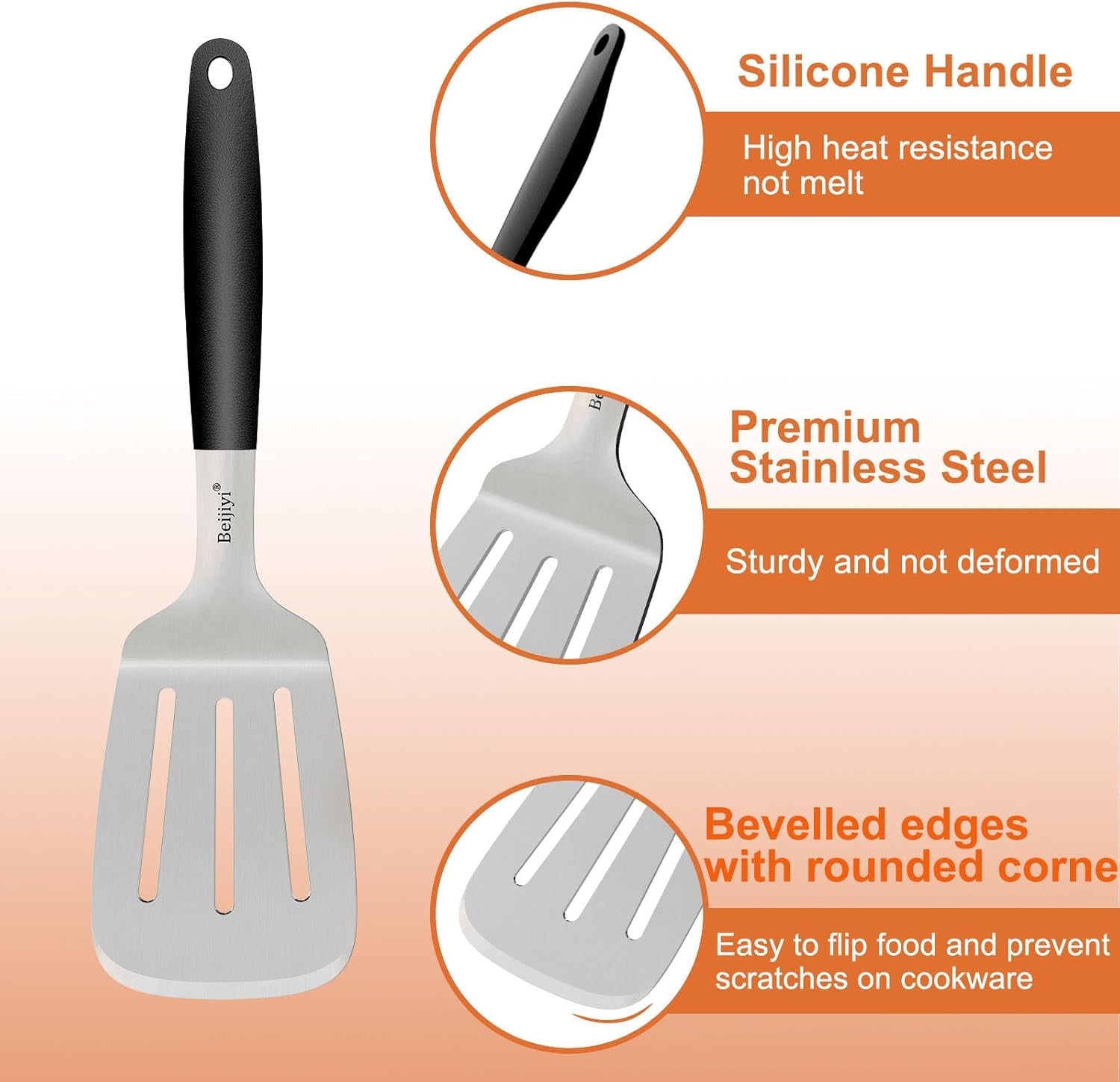 Stainless Steel Spatulas Set, Solid and Slotted Metal Turner Spatula for Cooking Cast Iron Skillet, Kitchen and Griddle Spatula with Full Tang Silicone Handle for Smash Burger, Pancake, Egg